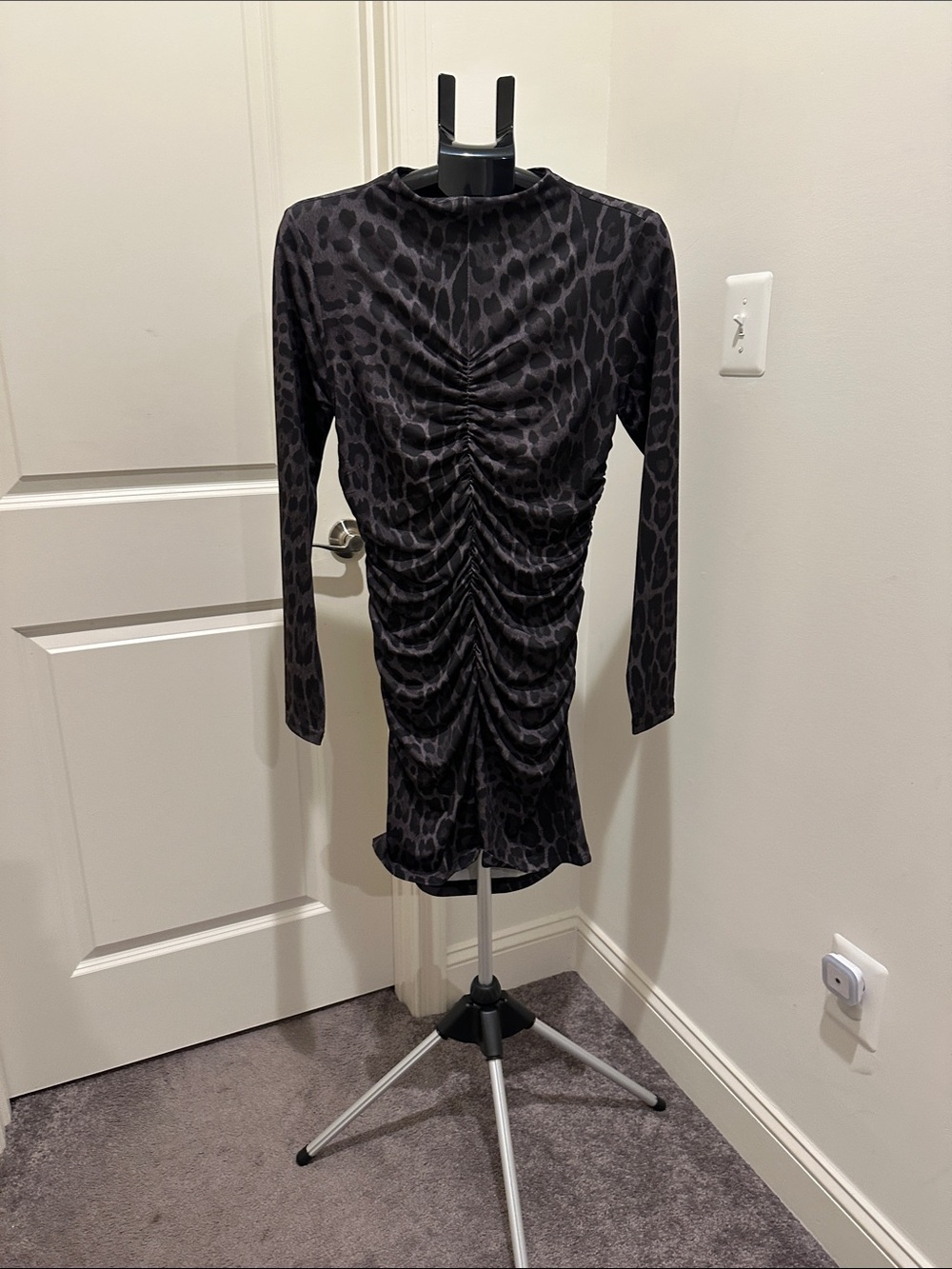 H&M Black Ruched Long Sleeve Leopard-Print Mini Dress